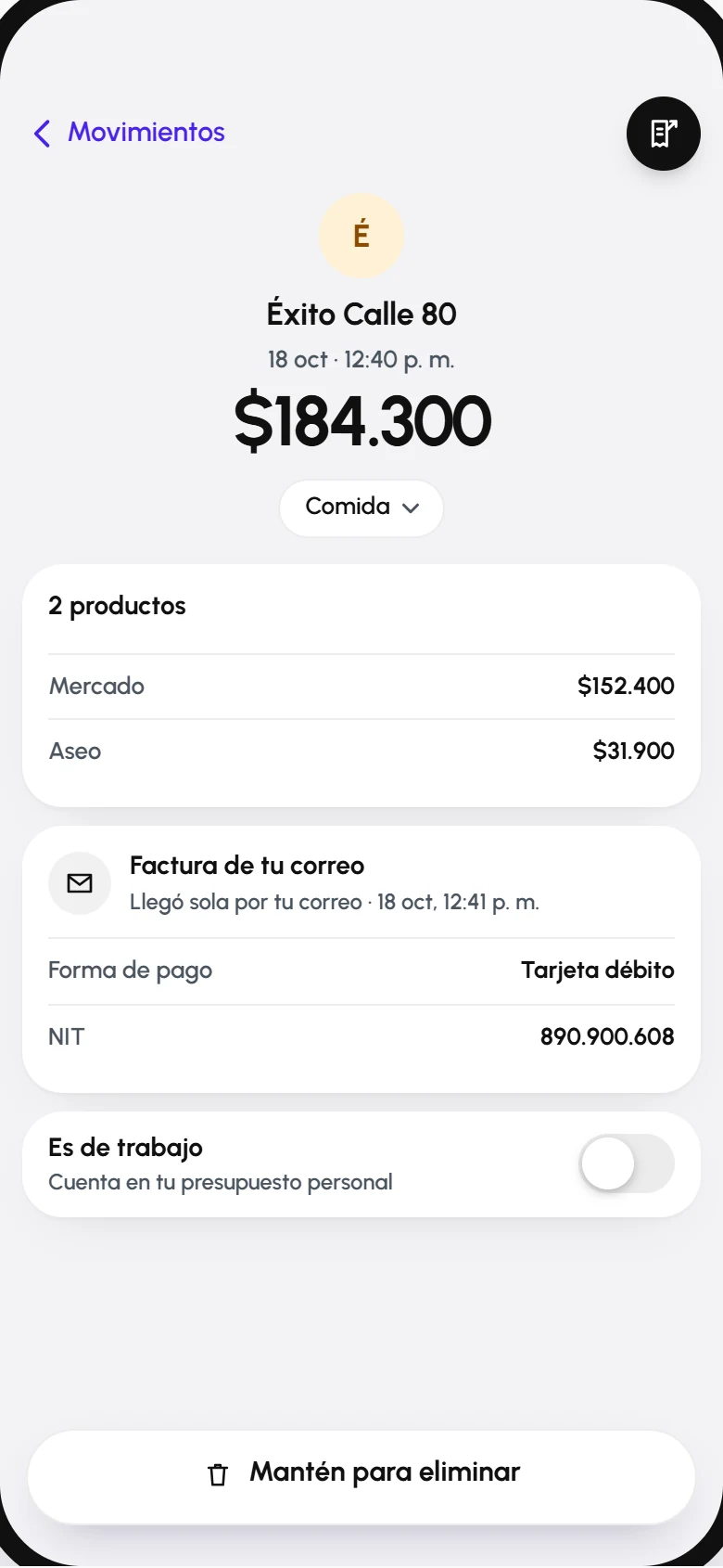 Pantalla de flo con un gasto que llegó por correo